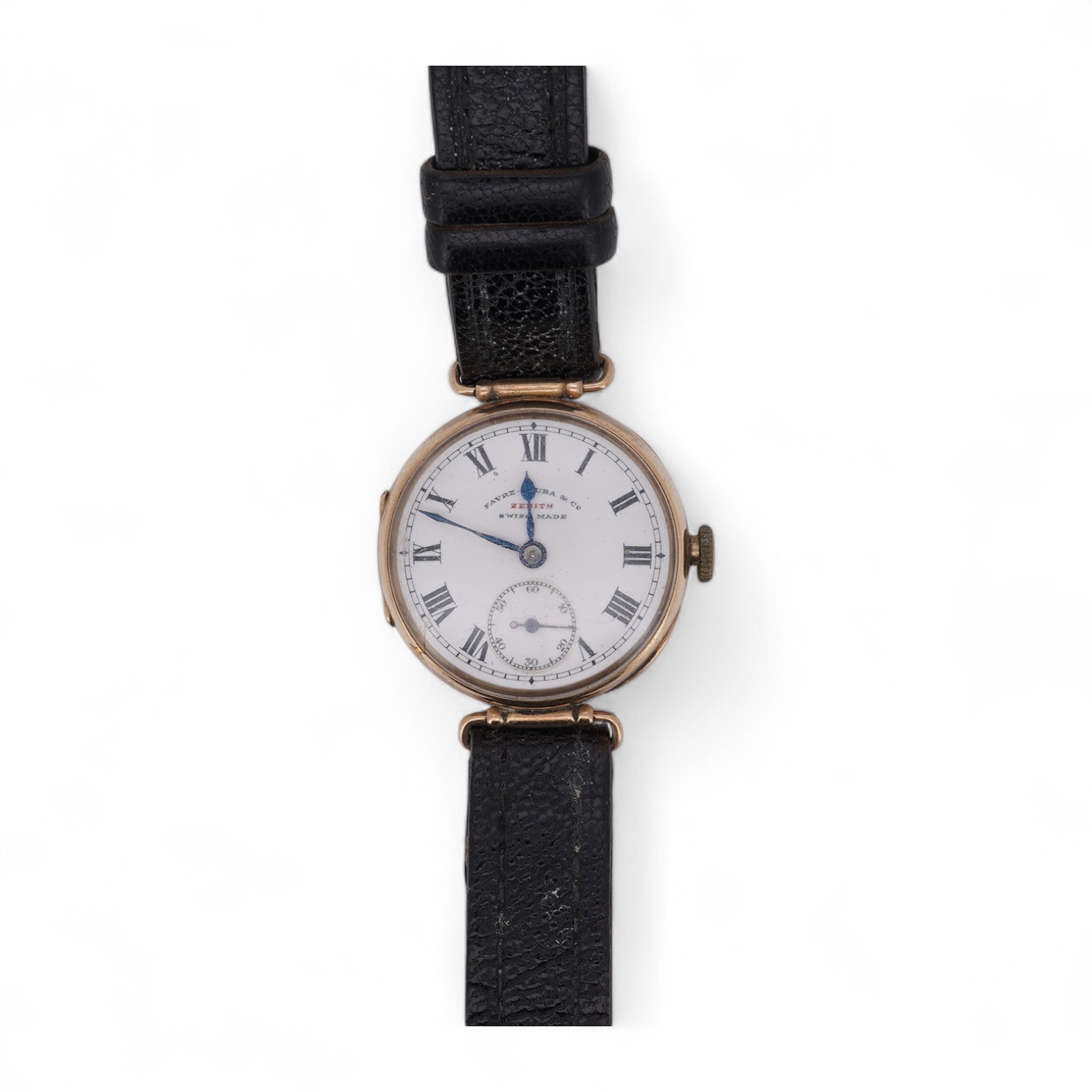 An early 20th century 9ct gold Zenith manual wind wrist watch, retailed by Favre Leuba, with Roman dial and subsidiary seconds, case diameter 28mm, on an associated leather strap. Condition - poor to fair